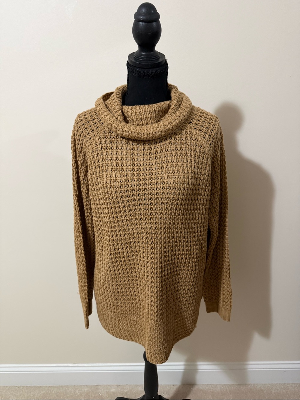 Relaxed Camel Cowl-Neck Waffle Sweater